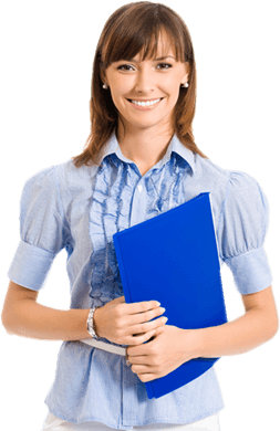 A woman holding a blue folder.