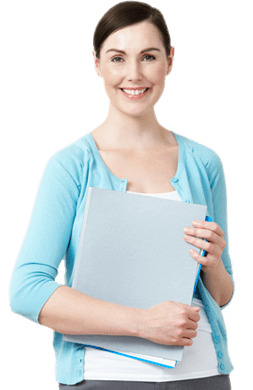 A woman holding a folder and smiling.