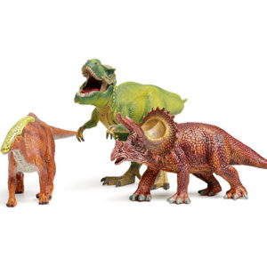 Three toy dinosaurs on a white background.